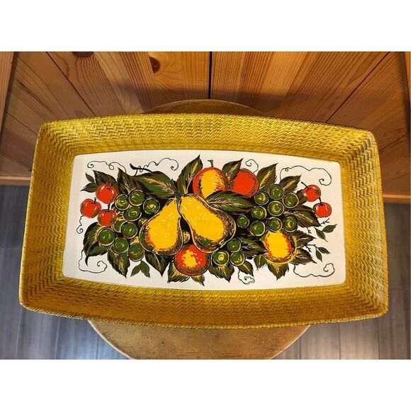Nevco 3415 Curve Edge Rectangle Tray Fruit Motif Plastic VTG Faux Rattan Japan ( - Picture 1 of 6
